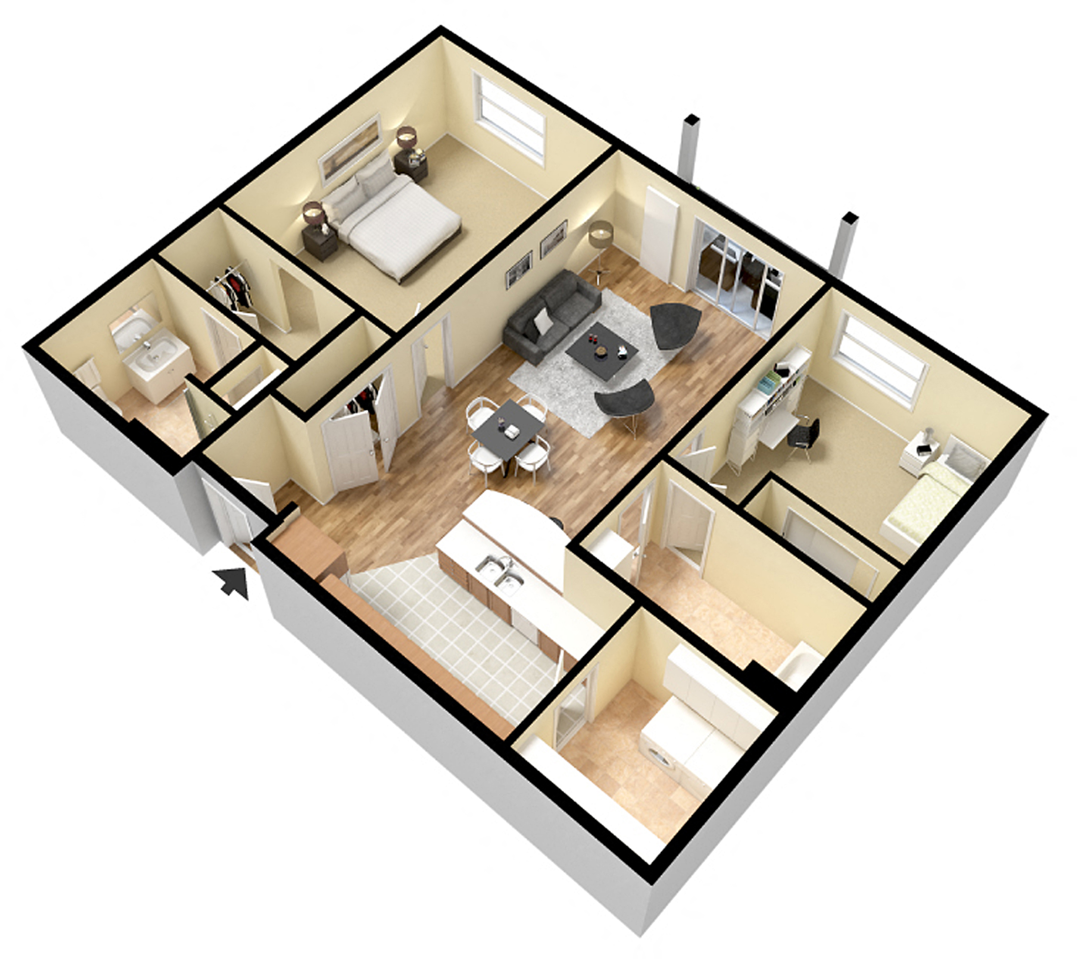 Floor plan for 2 beds, 2 baths, 1037 sqft